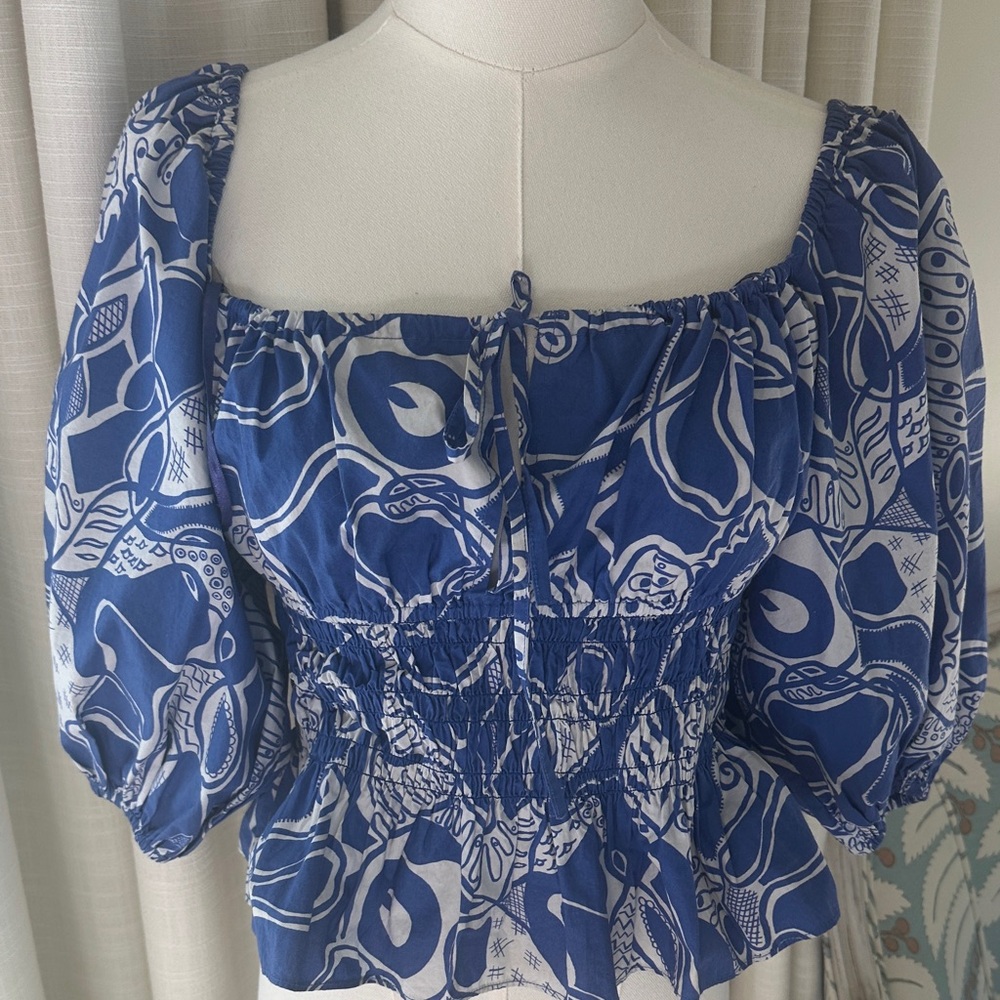 RHODE Blue and White Patterned Blouse